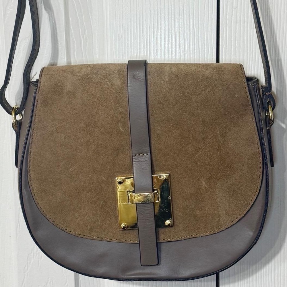 VTG Borse In Pelle Italian Leather Suede Saddle Bag Crossbody Gold Buckle Flap